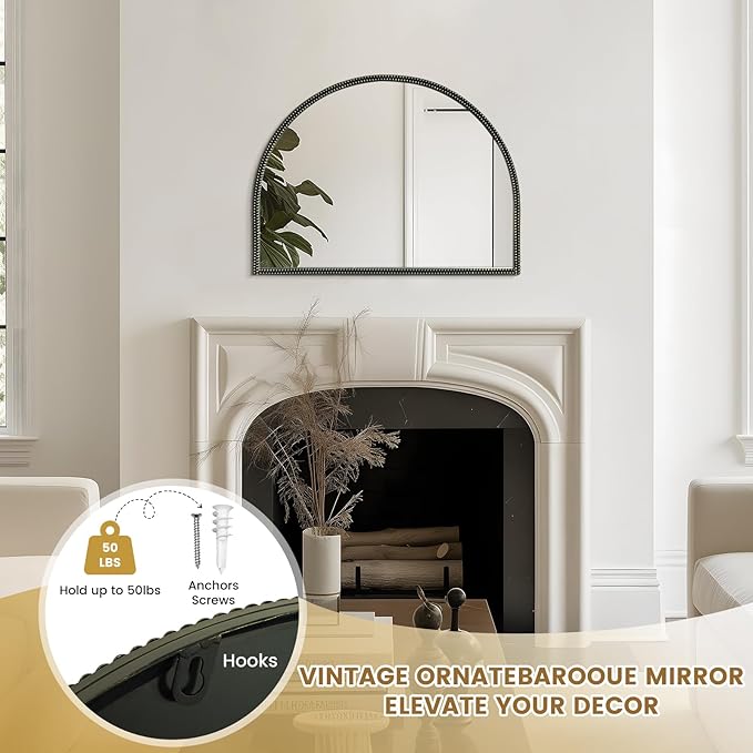 WallBeyond Black Vintage Mirror for Vanity 32x24 Inch, Gold Antique Mirror with Ornate Beaded Frame for Bathroom, Living Room, Fireplace, Entryway