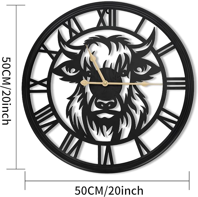 20Inch/50CM Large Wall Clocks Battery Operated, Slient, Black, Metal,Decorative Wall Clock for Living Room Decor,Bedroom, Kitchen, Dining Room, (Highland Bull Wall Clock, 20 Inch)