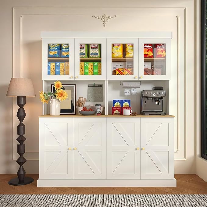 71" Farmhouse Kitchen Pantry Cabinet, White Freestanding Coffee Bar with Glass Doors, Microwave Stand, Large Storage Hutch with Adjustable Shelves for Kitchen or Living Room
