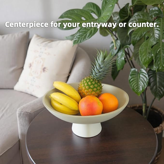 Large Decorative Fruit Bowl for Kitchen Counter - 11.8 Inch Handcrafted Resin Pedestal Bowls for Home Decor, Modern Key Purse Bowl for Entryway Table, Beige