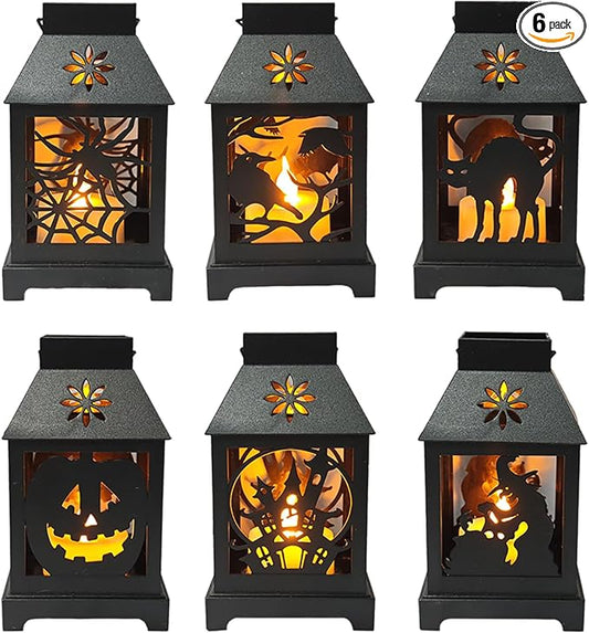 6 Pcs Halloween Mini Lantern with Flickering LED Candles 4.5 Inch Halloween Lantern Decoration Bulk Decorative Hanging Spooky Halloween Lanterns for Indoor Outdoor Party Halloween Decoration