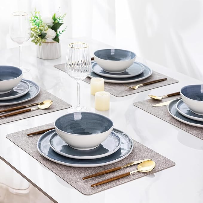 LERATIO Ceramic Dinnerware Sets for 6,Plates and Bowls Sets with Wavy Edge,Microwave & Dishwasher & Oven Safe,Light Weight & Scratch Resistant Dishes Sets-Service for 6 (18pcs)-Light Jean Blue