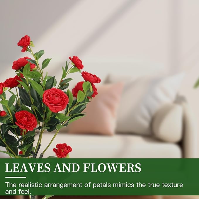 2 Pack Artificial Camellia Tree, 36" Red Faux Camellia Plant, Fake Indoor Outdoor Tree for Home, Office, Porch, Living Room, Red