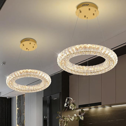 Modern Crystal Chandelier Dimmable LED 15.7" Gold Ring Pendant Light Adjustable Round Crystal Chandelier Light Fixtures for Dining Room Living Room