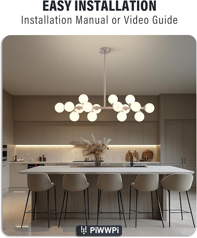 Glass Globe Sputnik Chandelier, 16-Light Mid Century Modern Light Fixture Over Table, Linear Chandeliers for Dining Room, Kitchen Island, Nickel and Milk White Bubble, 40 Inch, GC-02