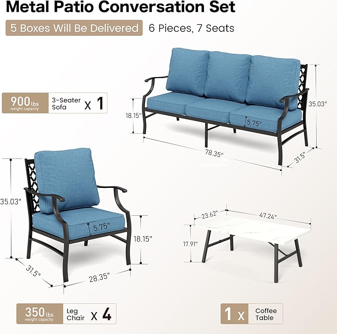 6 Piece Metal Outdoor Patio Furniture Set, Patio Conversation Sets 1 3-Seater Sofa, 4 Fixed Chairs with 5.75" Thick Cushion and Coffee Table, Backyard Furniture Set for Deck, Navy