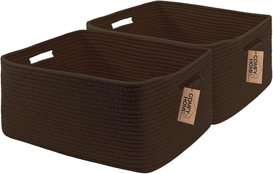 COMFY-HOMI 2 pcs Large Storage Baskets for Shelves, Laundry Basket, Woven Rope Basket, Closet Organizer Bins for Clothes Blanket Towels, Baby Nursery, Gift Toy Baskets, 17” x 13” x 7.5”-Dark Brown