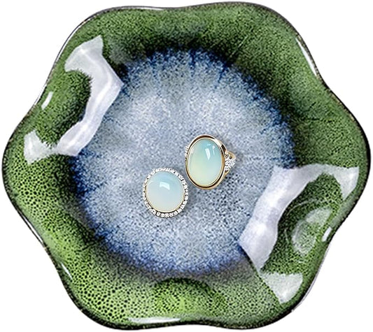 Ceramic Trinket Dish, Ring Tray, Decorative Jewelry Dish, Decoration Plate for Earrings, Rings, Jewelry Dish Holder, Key Bowl, Trinket Tray, Earring Holder for Women (Ink Grass Green)