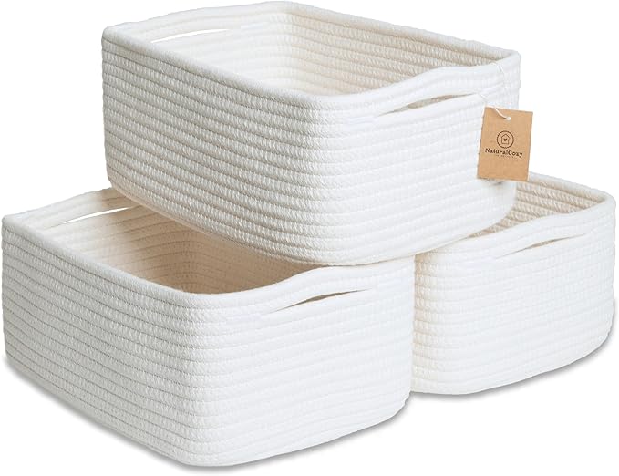 NaturalCozy 11.8"x8"x4.5” Storage Baskets for Shelves 3 Pack | Cotton Rope Woven Small Baskets for Organizing | Small Storage Bins for Nursery, Bathroom, Closet, Cube Shelf, Decorative, Gift Basket