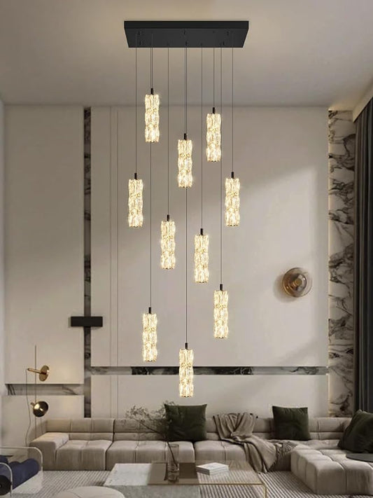 10-Light Modern LED Pendant Lighting Fixture for Kitchen Island Raindrop Crystal Chandelier Black Chandelier for Dining Room High Ceiling Chandelier for Staircase Foyer Hallway Villa