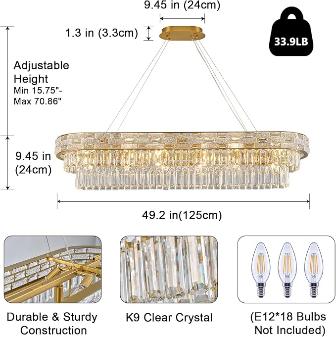 Crystal Chandeliers, 49.2" 18-Light Gold Chandelier for Dining Room, Rectangular Chandelier for Kitchen, Living Room Chandeliers, Island Lights Hanging Lights Dimmable