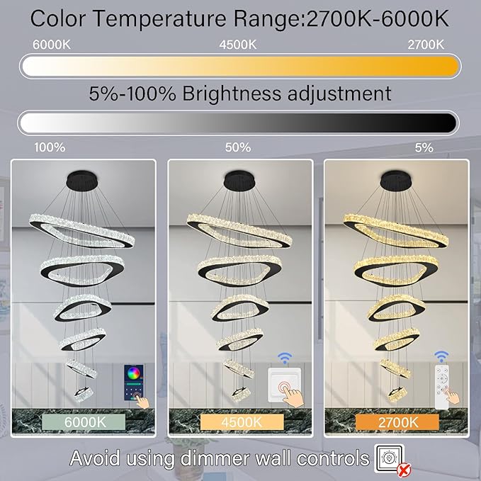 Modern Crystal Chandeliers for High Ceiling 6 Ring Chandelier LED Black Ceiling Lights Fixtures High Ceiling Chandelier for Foyer Staircase Living Room Dining Room 2700K-6000K