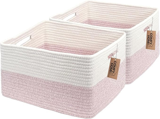 COMFY-HOMI 3 pcs Large Storage Baskets for Shelves, Laundry Basket, Woven Rope Basket, Closet Organizer Bins for Clothes Blanket Towels, Baby Nursery, Gift Toy Baskets, 17” x 13” x 7.5”-White/Pink