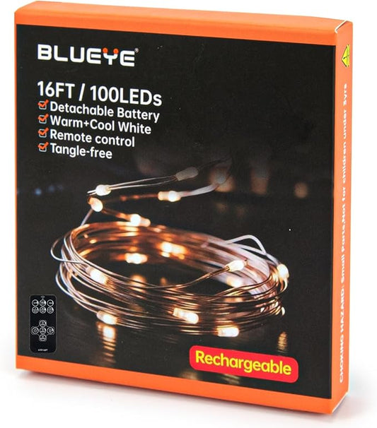 BLUEYE 16FT 100LEDs Rechargeable Fairy Lights,Remote Control,3 Off Timers,Detachable Battery Operated,Tangle-Free Camping String Light,Twinkle for Christmas,Party,Wedding(Cool+Warm White,1Pack)