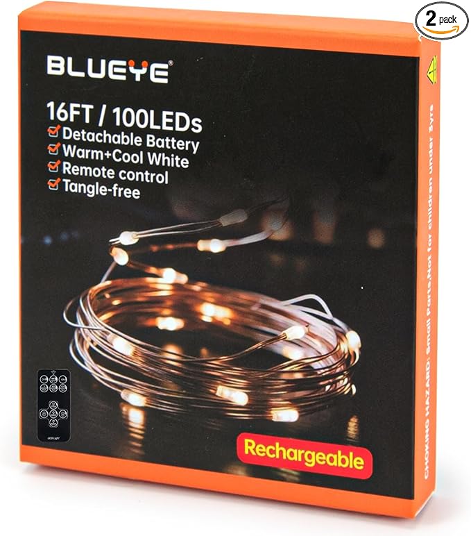 16FT 100LEDs Rechargeable Fairy Lights,Remote Control,3 Off Timers,Detachable Battery Operated,Tangle-Free Camping String Light,Twinkle for Christmas,Party,Wedding(Cool+Warm White,2Packs)