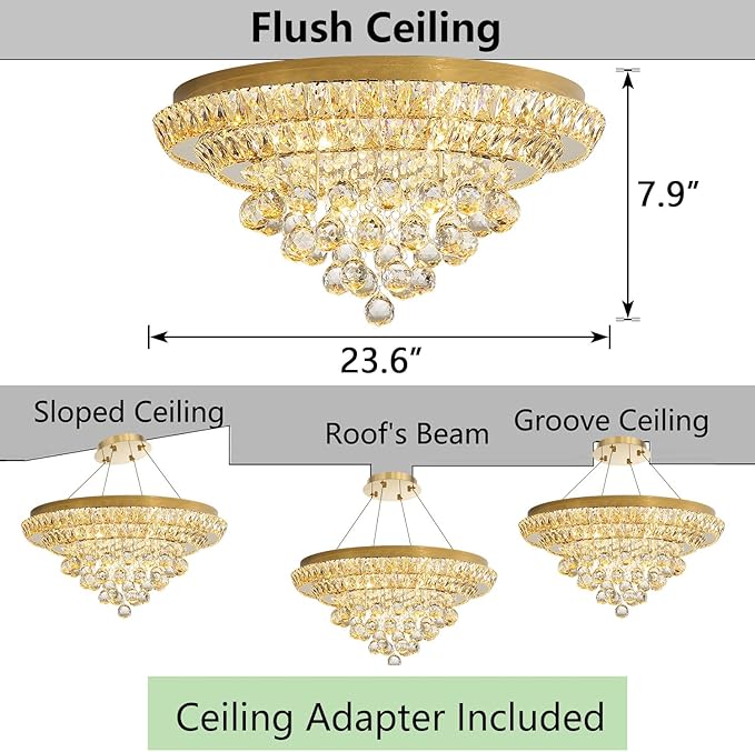 Modern Glam Crystal Chandelier Dining Room Bedroom Ceiling Lights Chandelier with Dimmable Bulbs Ceiling Lighting Fixture 23.6 Inches Gold Light