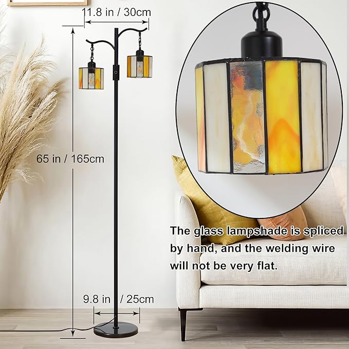 Vintage Dimmable Floor Lamp, Tiffany Standing Lamp with 2 Stained Glass Shades, Rustic Farmhouse Floor Lamp with Black Finish for Living Room Bedroom