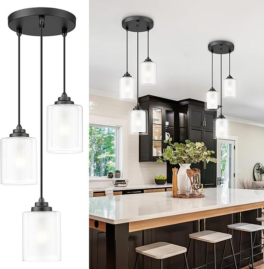TENGXIN Modern Pendant Light, Matte Black, Dual Glass Shade, Farmhouse Style for Kitchen Island, Dining Room, Bedroom