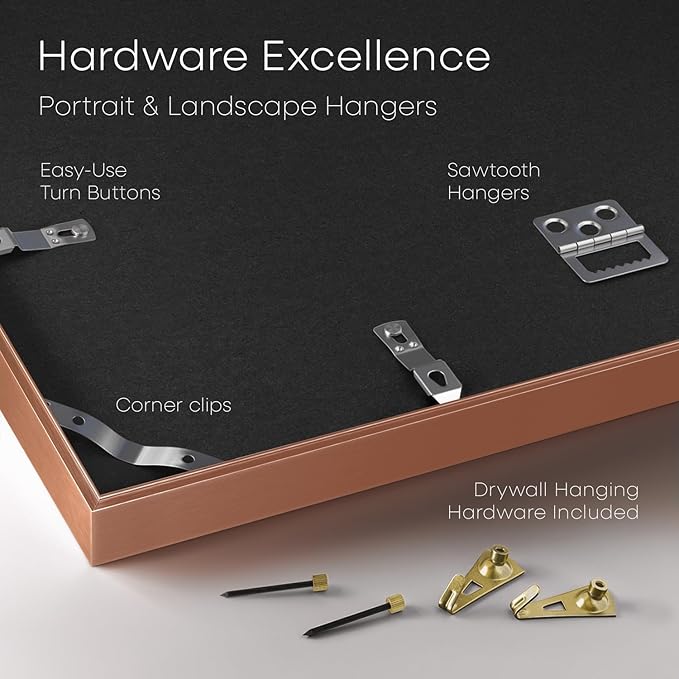 Homeforia 11x11 Rose Gold Picture Frame, High End Metal 11 by 11 Square Frames with Mat 9 x 9 Photo, 11by11 Poster Frame Matted to 9x9 inch Art, Wall Hanging Frames, Tempered Glass, Wall Kit, Set of 2