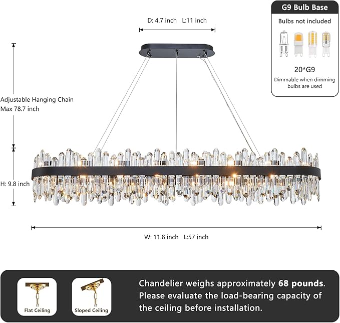 Modern Rectangular Crystal Chandelier, L57” Black Raindrop Chandelier Lighting Contemporary Pendant Ceiling Light Fixture for Dining Room Living Room Kitchen Island, G9 x 32 Lights