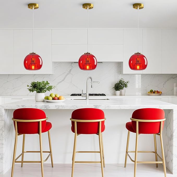 Red Glass Pendant Lights Kitchen Island Gold Hanging Light Fixture Glass Globe Pendant Light Modern Pendant Lighting for Kitchen Island Bedroom Dining Room (7.87", 1 Pack)