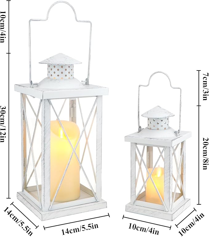 TRIROCKS 16'' & 11" H Decorative Candle Lanterns Set of 2 Hanging Lantern Vintage Metal Candle Holder with Tempered Glass for Indoor Outdoor Home Decor Parties Garden Wedding(White with Silver Brush)