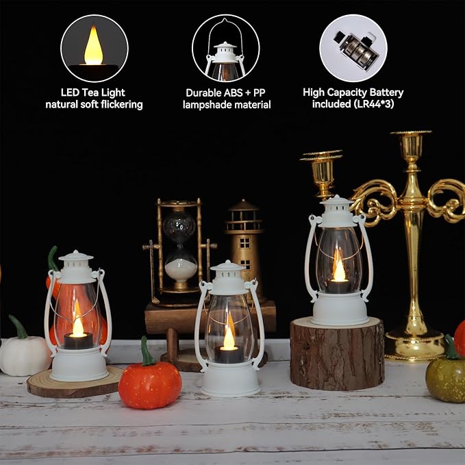 White Mini Lanterns Decorative 6-Pcs for Winter Christmas Wedding & Halloween, Small Elegant Lantern with LED Light for Western Cowboy, Camping Baby Shower Birthday Party, Centerpiece Table