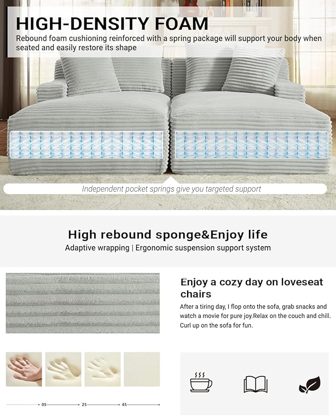 Oversized Double Chaise Lounge, Corduroy Boneless Couch, Modern Oversized Chaise Lounge, Upholstered Sleeper Sectional Sofa Daybed with Throw Pillows and Armrest for Living Room, Light Grey
