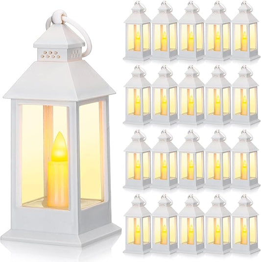 Hoolerry 24 Set Halloween Mini Lanterns with LED Candles 5.5'' Decorative Hanging Small Vintage Lantern Centerpiece Battery Powered for Wedding Table(White)