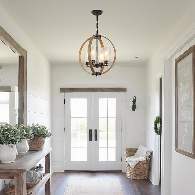 Farmhouse Chandelier Light Fixture, 18in Rustic Dining Room Chandeliers with Glass Shade 4-Light Globe Lighting Fixtures Retro Pendant Lamp for Kitchen Island Entrance Living Room