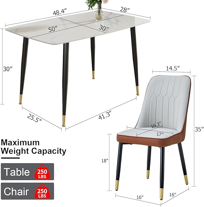 50" White Modern Marble Dining Table Set for 4, Sintered Stone Tabletop with 4 Upholstered PU Leather Chair Compact Dinette Table Set for Small Space Apartment(1White Table+4Gray Brown Chairs)