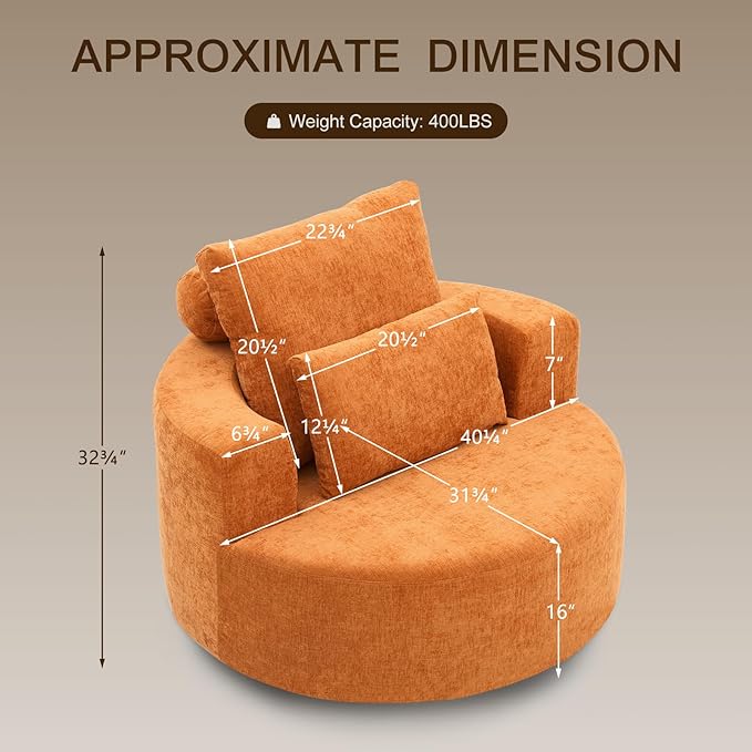 Furnimart Oversized Barrel Accent Chair, 360° Swivel Round Upholstered Sofa, Chenille High-Resilience Sponge, No Assembly Wide Seat for Living Room, Bedroom, Apartment (Orange)