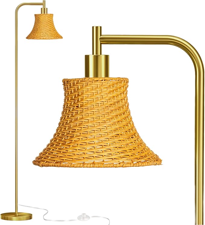 Floor Lamp,67" Modern Vintage Standing Lamp with Bamboo Weave Lampshade Metal Pole for Living Room, Bedroom, Office - Heavy Base,Pedal Switch(Include E26 Bulb)