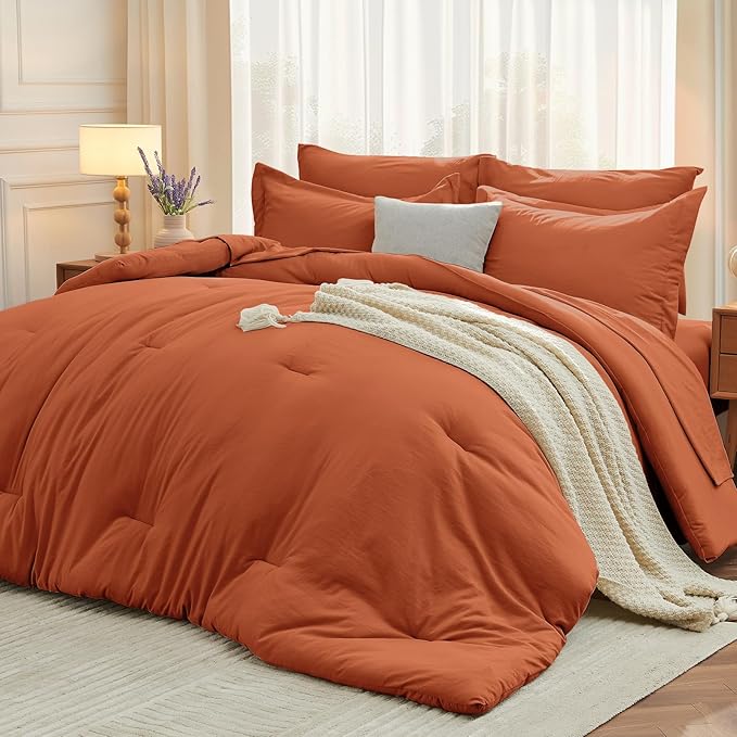 MUXHOMO 5 Pieces Twin XL Comforter Set, Soft Bed in a Bag Twin XL Size, All Season Bedding Set with Comforter, Flat Sheet, Fitted Sheet, Pillowcases & Shams, Burnt Orange
