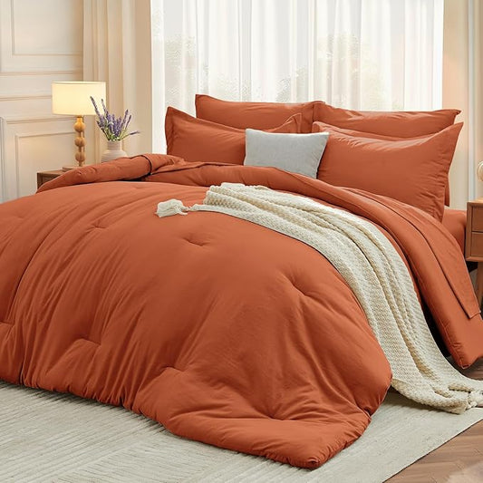 MUXHOMO 5 Pieces Twin XL Comforter Set, Soft Bed in a Bag Twin XL Size, All Season Bedding Set with Comforter, Flat Sheet, Fitted Sheet, Pillowcases & Shams, Burnt Orange