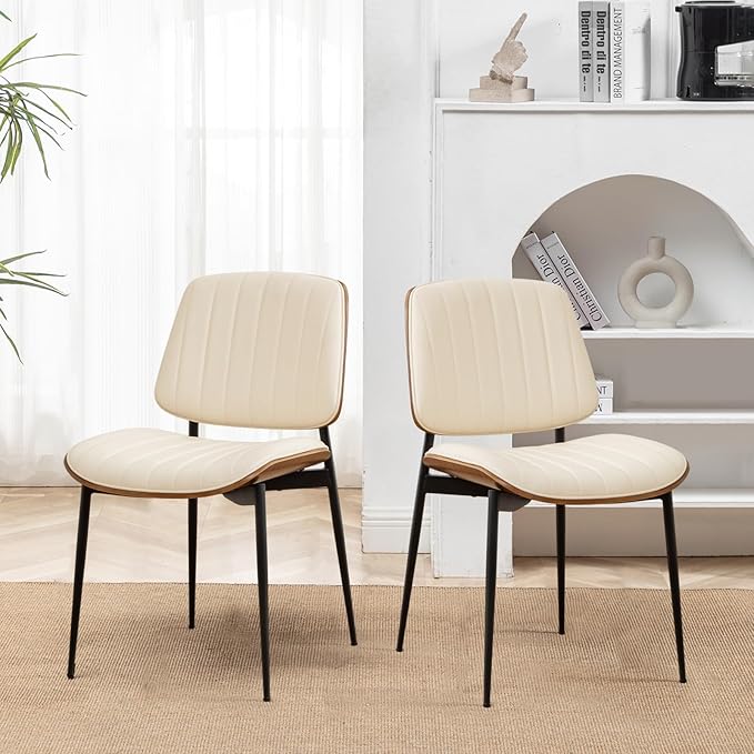 LUNLING Dining Chairs Set of 4 Mid Century Modern Retro Faux Leather Chairs with Walnut Bentwood Upholstered Seat Metal Legs Chair,Adjustable Foot for Kitchen Dining Room Chairs(Beige)