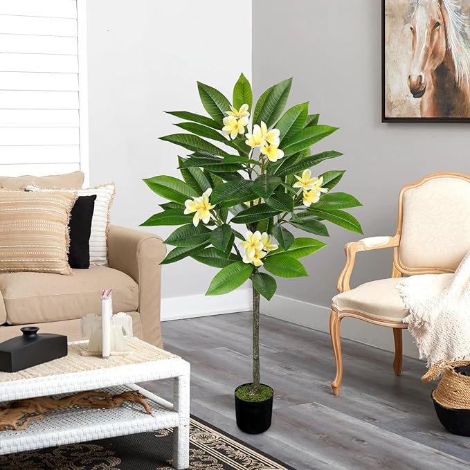 Briful Artificial Plants Indoor 4.17ft Fake Tropical Plumeria Flowers Tree in Black Pot Hawaiian Yellow Plumeria Faux Frangipani Tree Potted Floor Plant for Home Office Wedding Decor