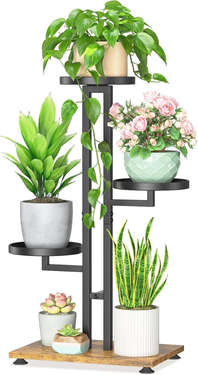 LASZOLA Black 3 Tiered Plant Stand Indoors Heavy Duty Metal Rack, Sturdy Multi Level Shleving Hold Flowers, Larger House Decorate Ladder for Planting Inside Tree Herb Cactus, Wooden Base, Space Saving