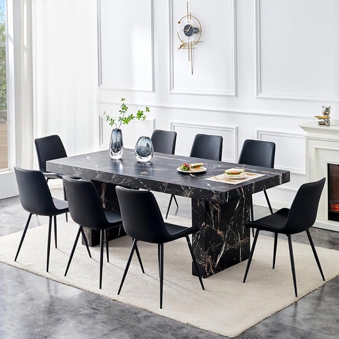 79" Marble Dining Table Set｜Modern Dining Table Set with 8 Faux Leather Chairs｜Engineered Wood with Marble Pattern Tabletop｜Widened and Stable Tablelegs｜Easy Assembly