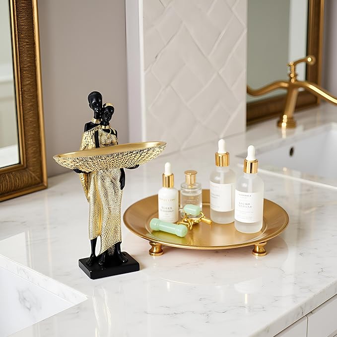 African Couple Resin Tray Sculpture – Black and Gold Decorative Bowl Statue for Entryway, Vanity, Coffee Table, Key Candy Jewelry Holder, Ethnic Art Home Decor Gift