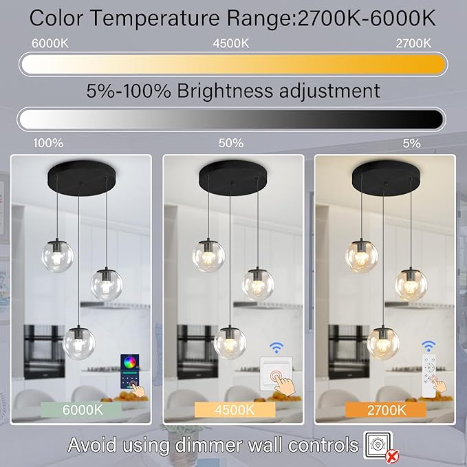 Globe Glass Pendant Light Modern Black Clear Globe Glass Chandelier Mid Century Chandelier 3-Light Hanging Fixture for Kitchen Island Foyer Hallway Dining Room