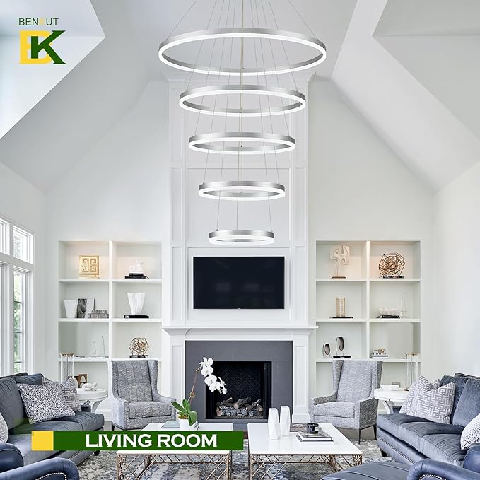 5 Rings D31.5 Modern LED Chandelier Silver Large Dimmable Circular High Ceiling Chandeliers with Remote Control for Foyer Dining Room Living Room Staircase Villa, 3000K-6500K CCT