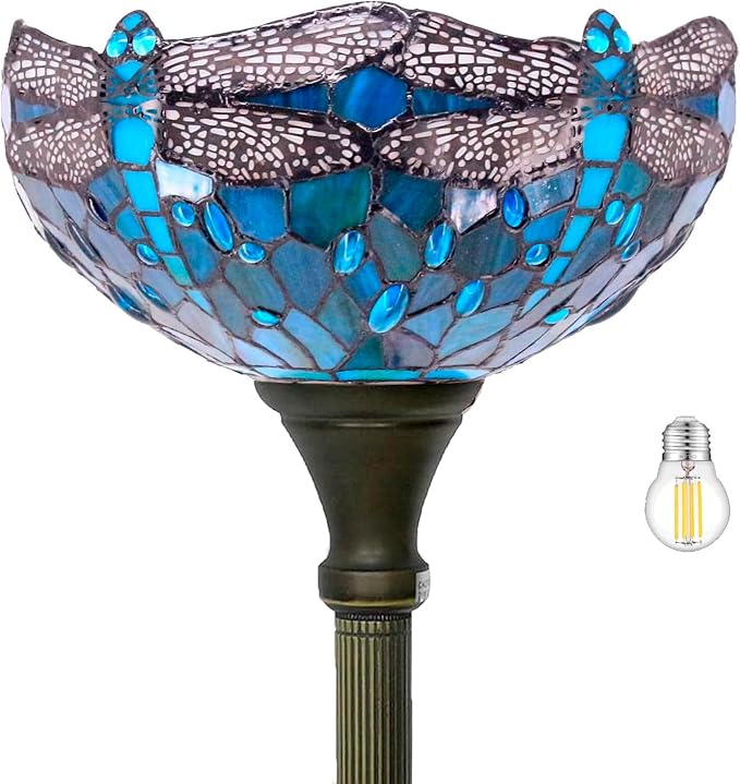 WERFACTORY Tiffany Floor Lamp Green Stained Glass Dragonfly Light 12X12X71 Inches Pole Torchiere Standing Corner Torch Uplight Decor Bedroom Living Room Home Office S622 Series (B)