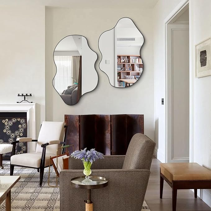 Irregular Mirror, Asymmetrical Wall Mirrors, 31.5"x23.6" Waved Shaped Mirror, Modern Frameless Decorative Mirrors for Living Room Bathroom Bedroom Hallway Entryway Fireplace