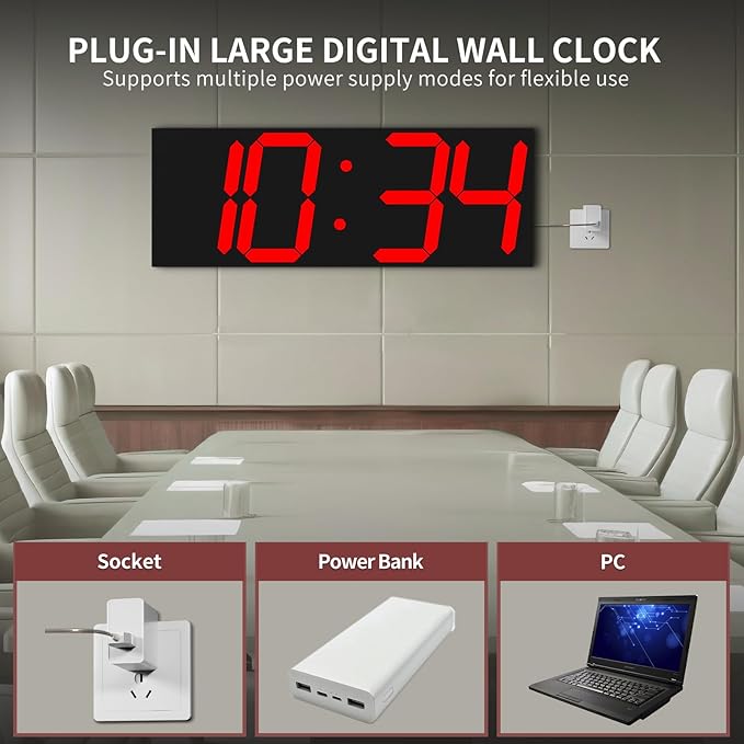 Large Digital Wall Clock,LED Digital Clock with Big Number,Multi-Function Remote Controlled Wall Clock with Timer, Alarm and Calendar Display(Red)
