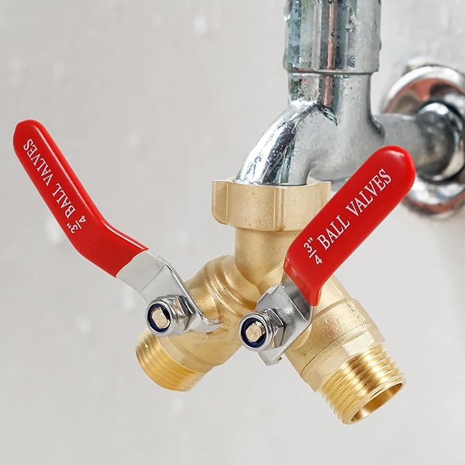Garden Hose Splitter 2-Way, Heavy-Duty Brass Hose Splitter with Stainless Steel Long Handle, 3/4-inch GHT Thread Garden Hose Y-Splitter 2-Way, Includes 2 Extra Washers and 1 Roll of Tape