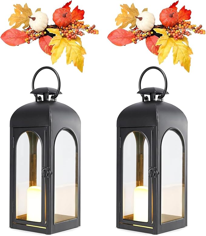 BDOR 2 Pack Fall Lanterns Decor with LED Candle – 16" Stainless Steel & Tempered Glass Lanterns with Harvest Pumpkin Maple Leaf – Premium Thanksgiving Centerpiece for Indoor Outdoor Use