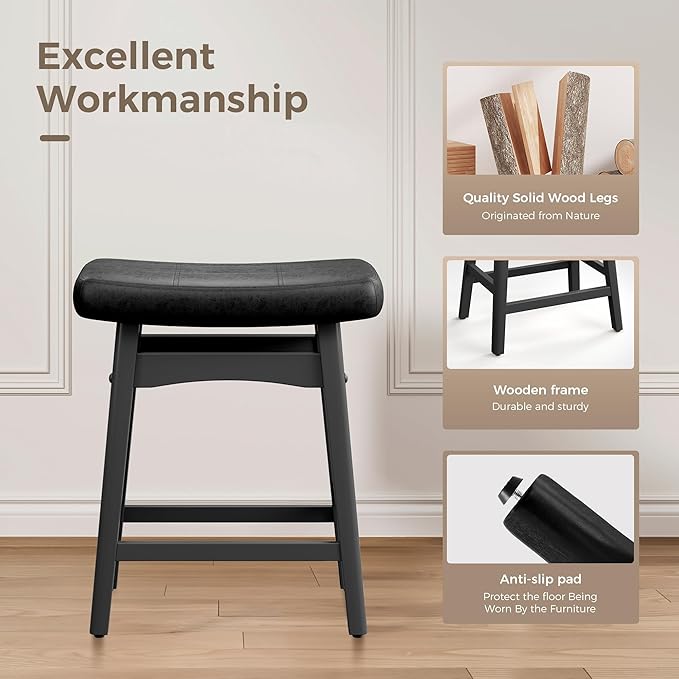 MAISON ARTS Black Counter Height Bar Stools Set of 2 for Kitchen Counter Solid Wood Legs with Faux Leather Saddle Seat Farmhouse Barstools for 34"-38" Counter Island Upholstered Stools, 24in Height