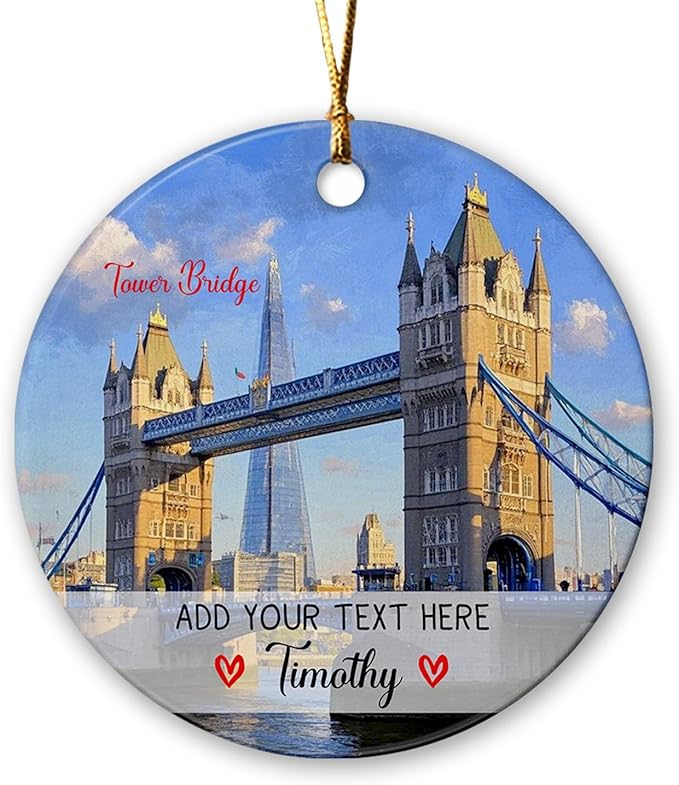 Personalized London Tower Bridge Ceramic Ornament Christmas 2025, United Kingdom London Tower Bridge Travel Xmas Tree Hanging Ornament, Custom Text/Name UK England Vacation Ornaments Keepsake Gifts