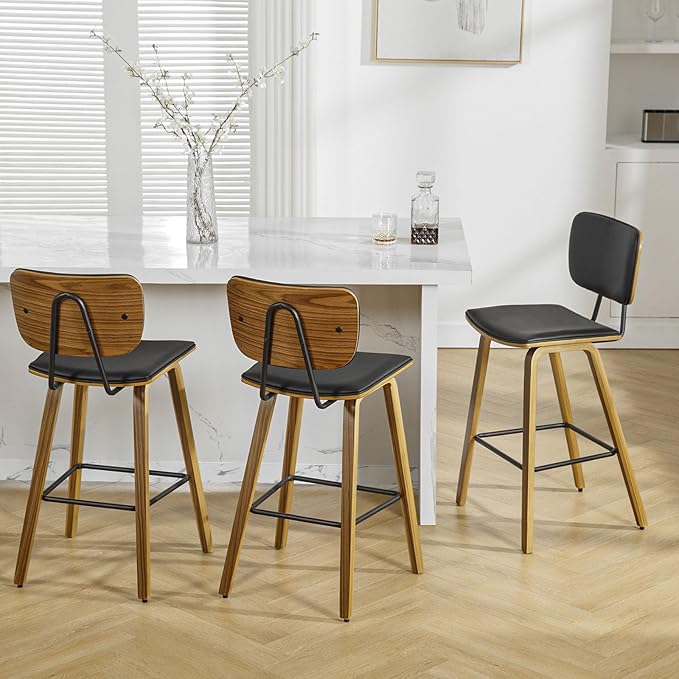 Counter Height Bar Stools Set of 3, PU Leather Upholstered Barstools with Backs, Bent Wood Legs, 26 Inch Seat Height, Mid Century Modern Counter Stools for Kitchen Island, Black
